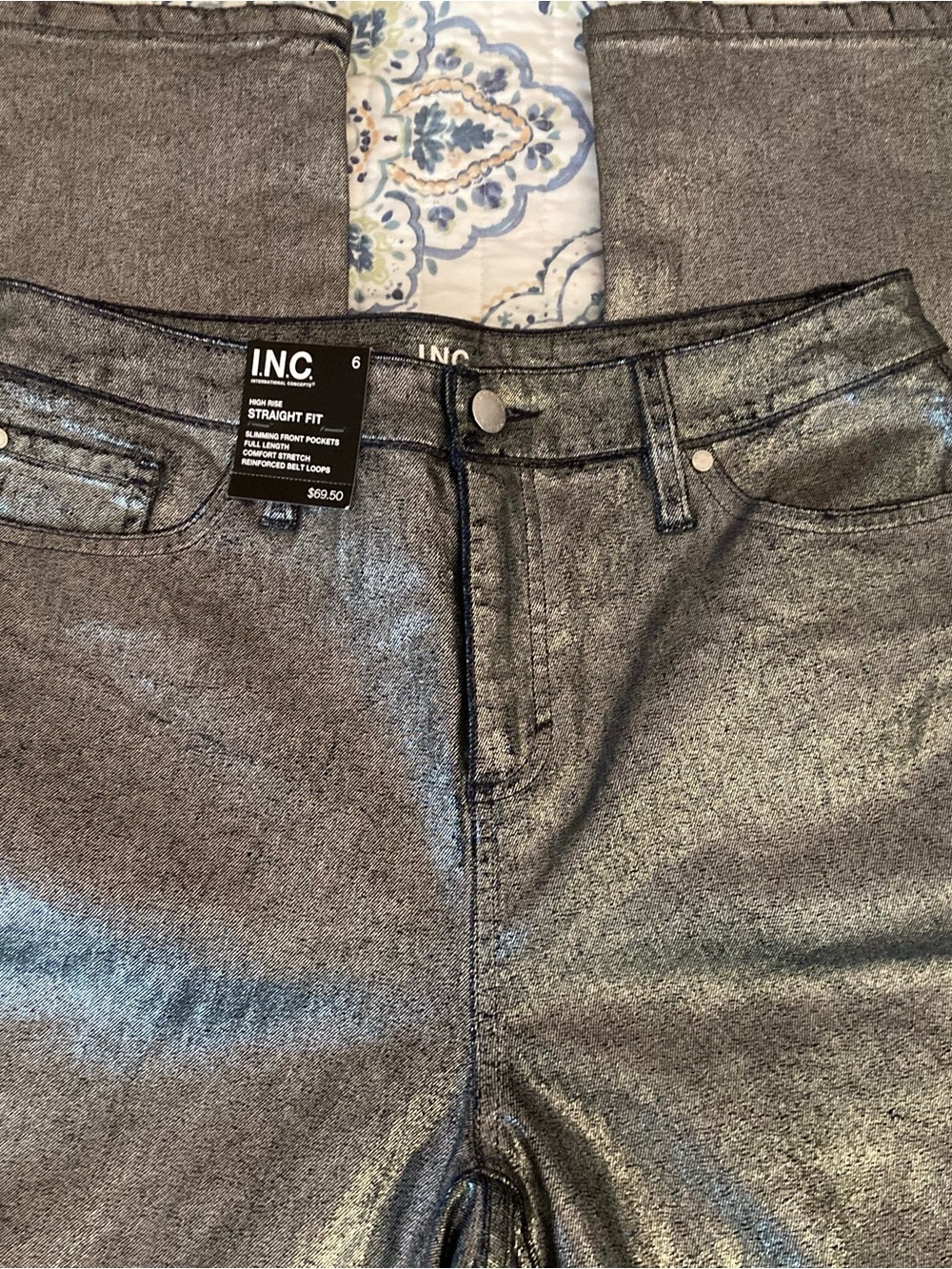 INC International Concepts Metallic Silver Straight Leg Jeans